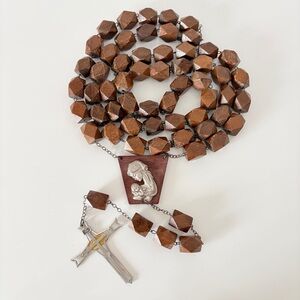 Italian Wall Rosary Wooden Beads Pewter Crucifix Mary & Jesus Vintage Large